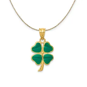 14k Yellow Gold & Green Enameled Four Leaf Clover Necklace