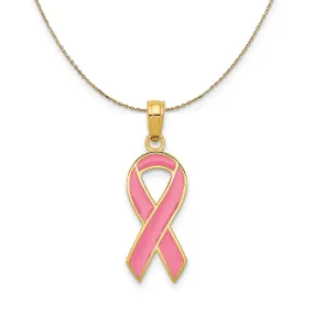 14k Yellow Gold & Pink Enamel Awareness Ribbon Necklace