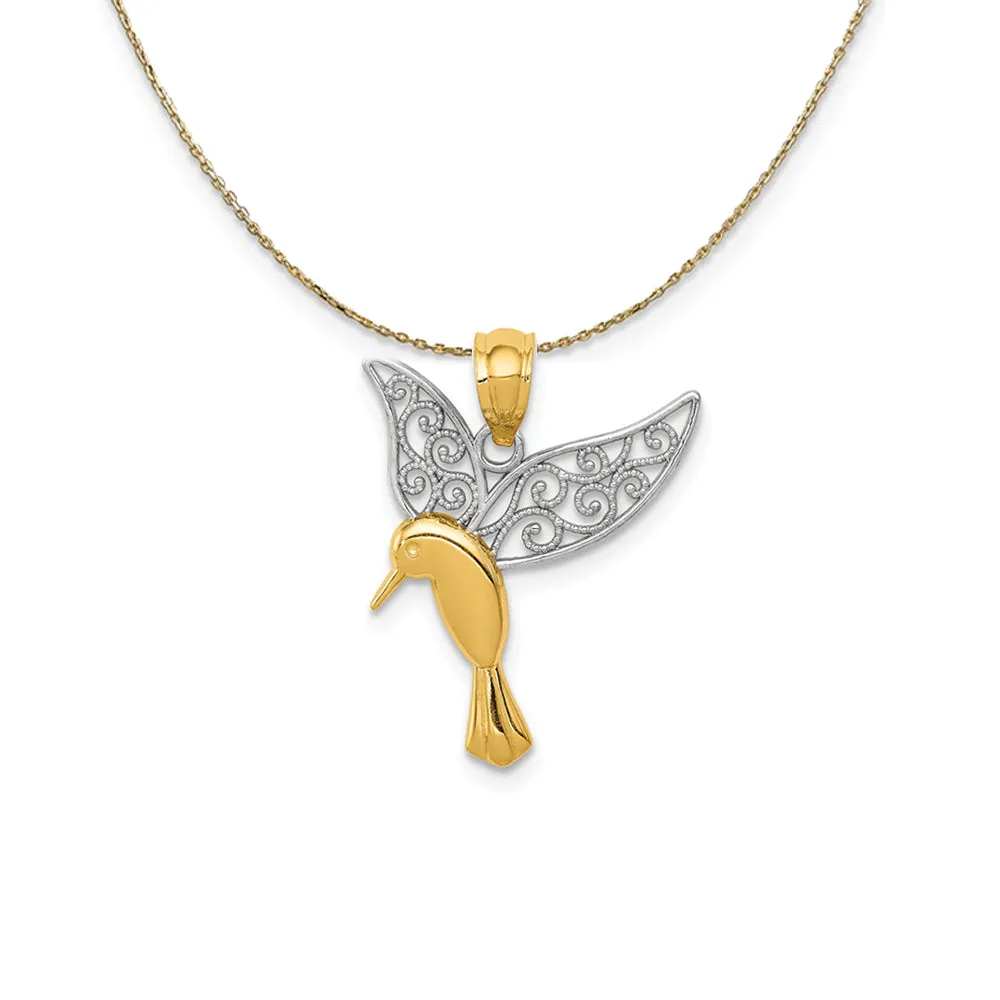 14k Yellow Gold & Rhodium Filigree Hummingbird Necklace