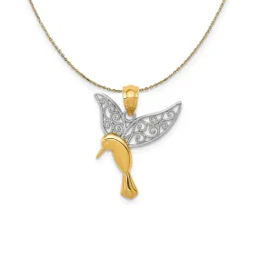 14k Yellow Gold & Rhodium Filigree Hummingbird Necklace