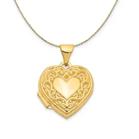 14k Yellow Gold 15mm Scroll Heart Locket Necklace