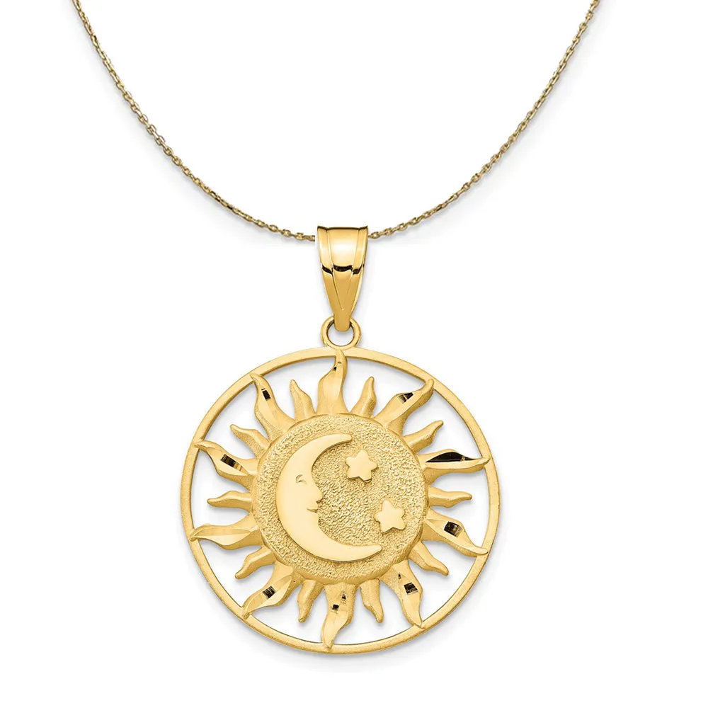 14k Yellow Gold 22mm Sun, Moon and Stars Circle Necklace