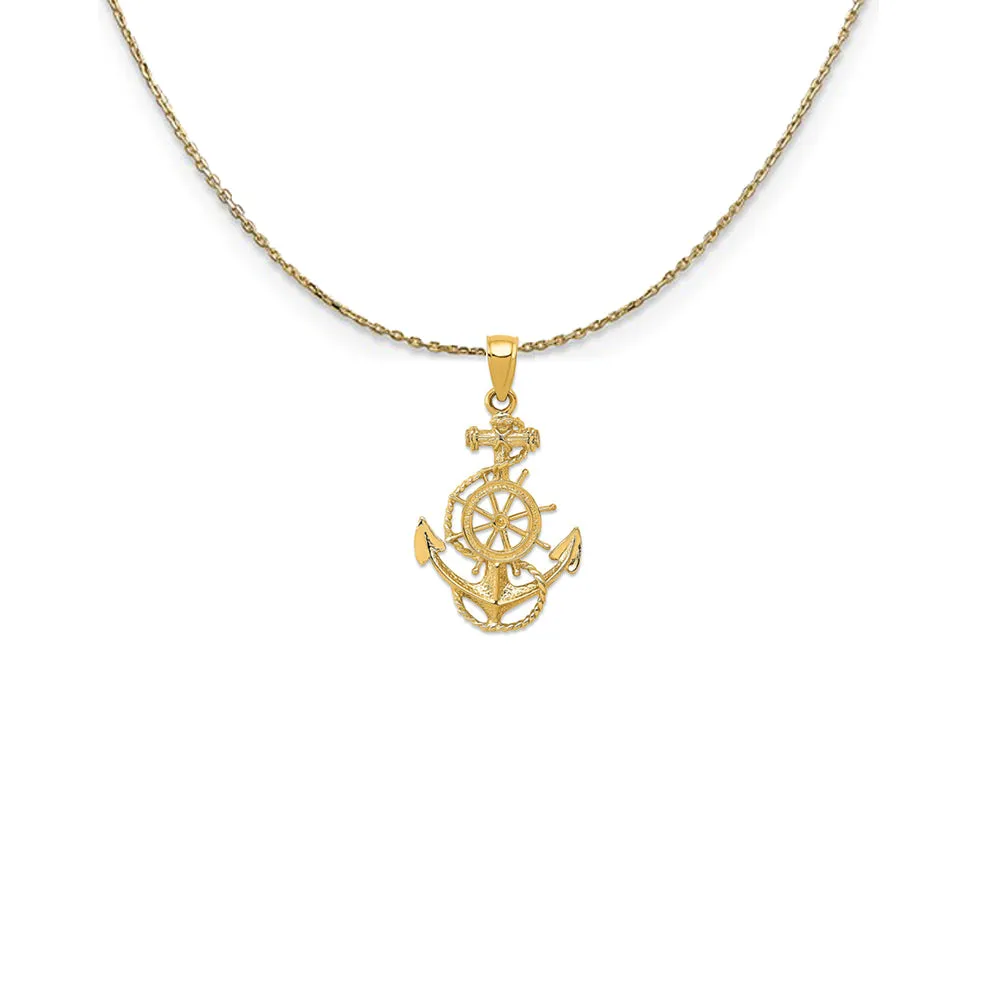 14k Yellow Gold 2D Anchor, Ship's Wheel and Rope Necklace