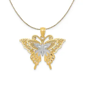 14k Yellow Gold and Rhodium Fancy Butterfly, 25mm Necklace