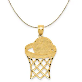 14k Yellow Gold LG Diamond Cut Basketball Hoop Ball Necklace