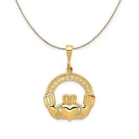 14k Yellow Gold Polished & Satin Claddagh (21mm) Necklace