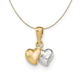 14k Yellow Gold with Rhodium Hollow Two Heart, 10mm Necklace