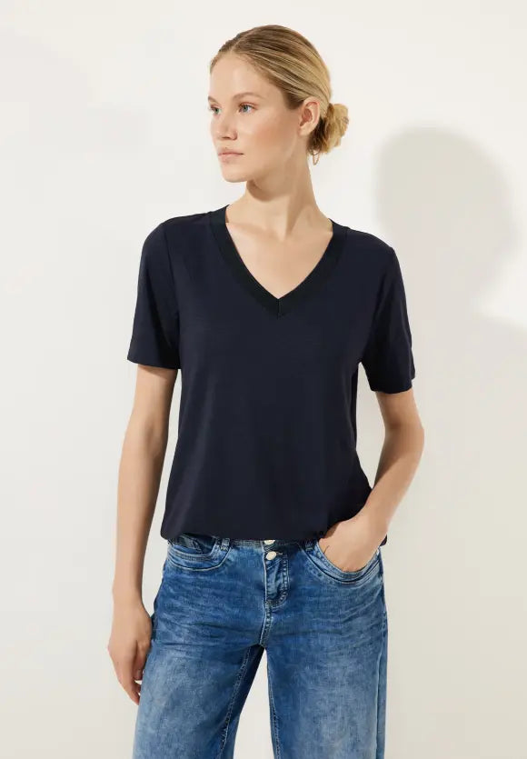 320349- Navy V-neck T-shirt- Cecil