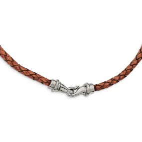 5mm Woven Brown Leather Stainless Steel Cord Chain Necklace, 19.5 Inch