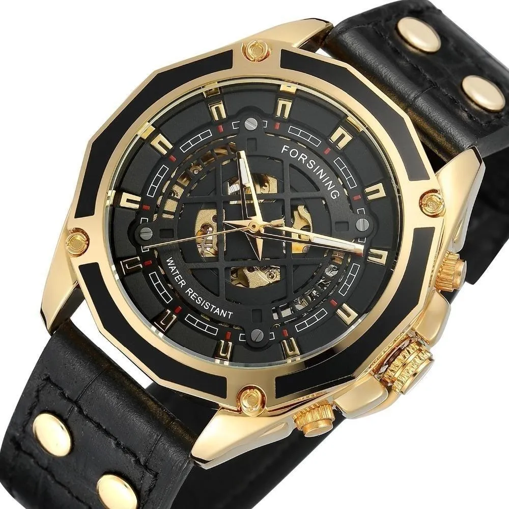 Automatic Self-Wind Luxury Men's Trendy Watch with Genuine Leather Strap