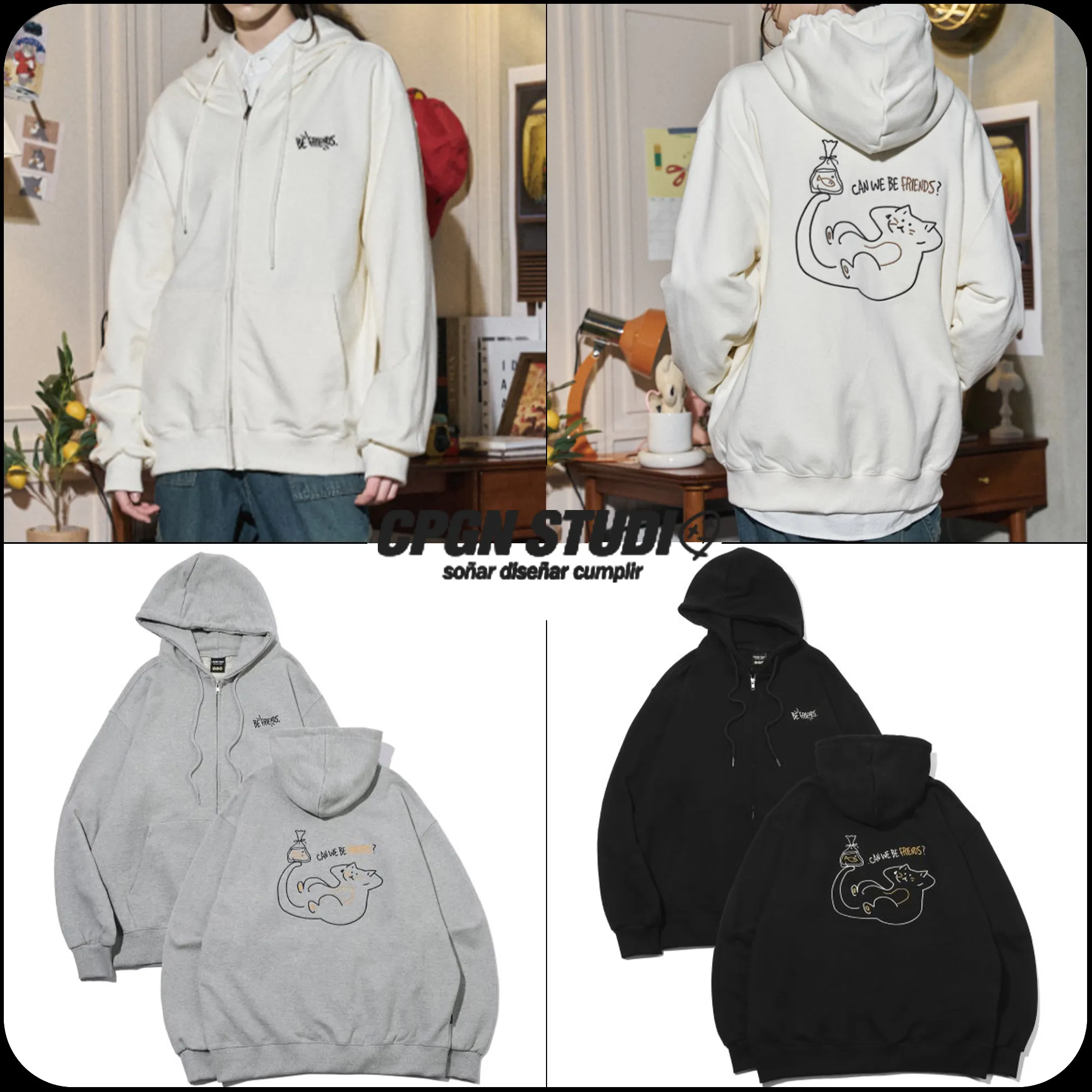 COMPAGNO  |[COMPAGNO]★Be Friends EMBROIDERED HOOD ZIP UP