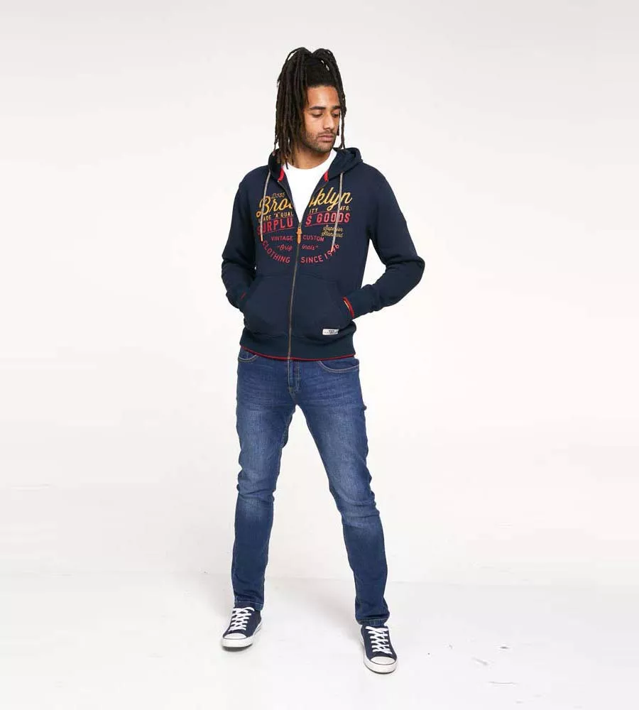 D555 Mens Navy Full Zip Hoodie With Brooklyn Chest Print (WORCESTER)