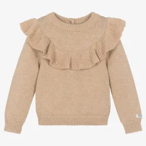 Girls Beige Ruffle Cotton Sweater