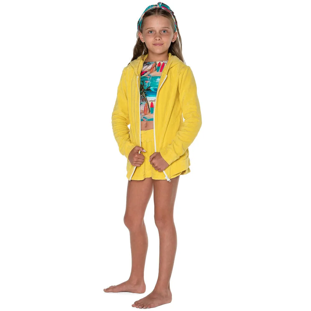 Girls Yellow Cotton Terry Zip-Up Hoodie