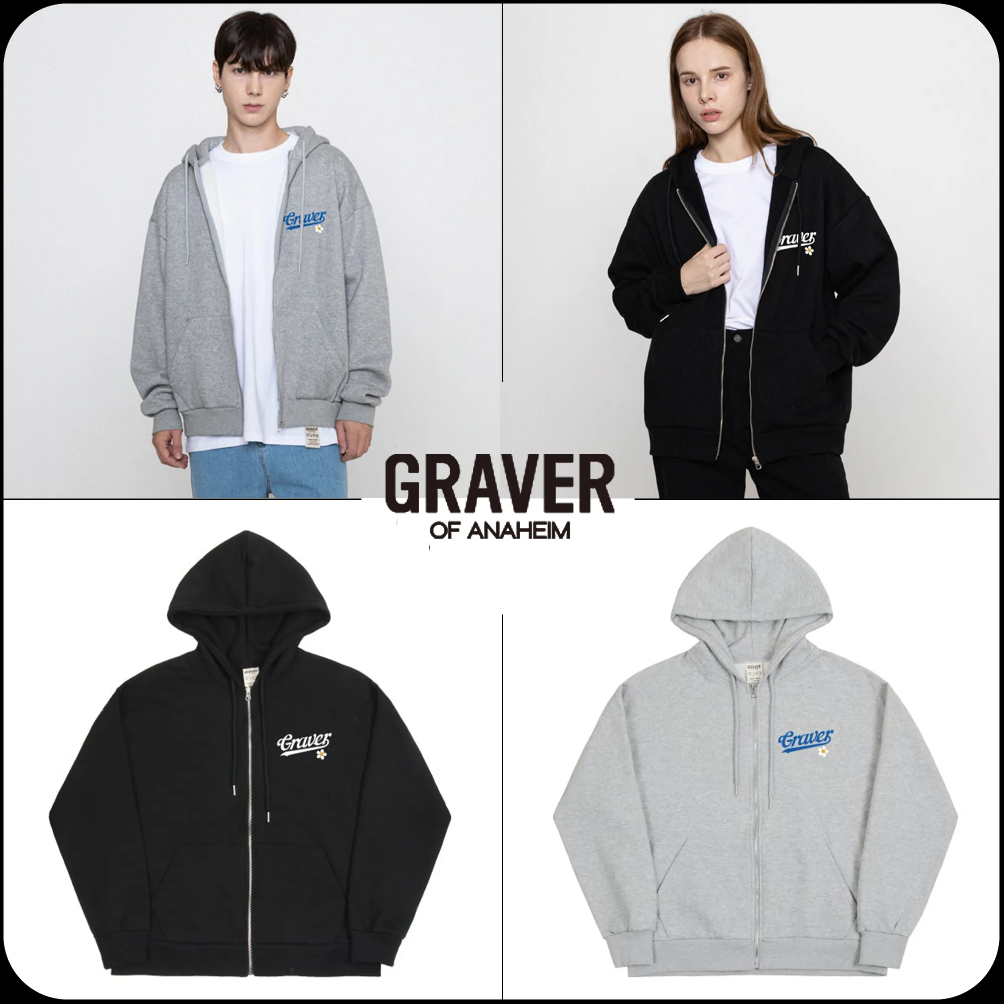 GRAVER  |[GRAVER]★BASEBALL LOGO FLOWER SMILE HOODED ZIP UP