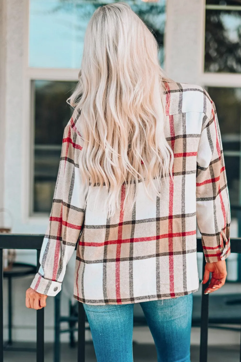 Khaki Plaid Print Buttoned Shirt Jacket with Pockets