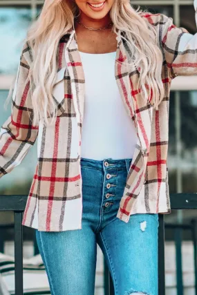 Khaki Plaid Print Buttoned Shirt Jacket with Pockets