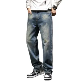 Men's Blue Full Length Mid Waist Loose Casual Straight Leg Jeans Pants