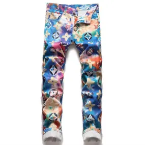 Men's Colorful Digital Print Small Foot Slim Stretch Skinny Jeans Pants