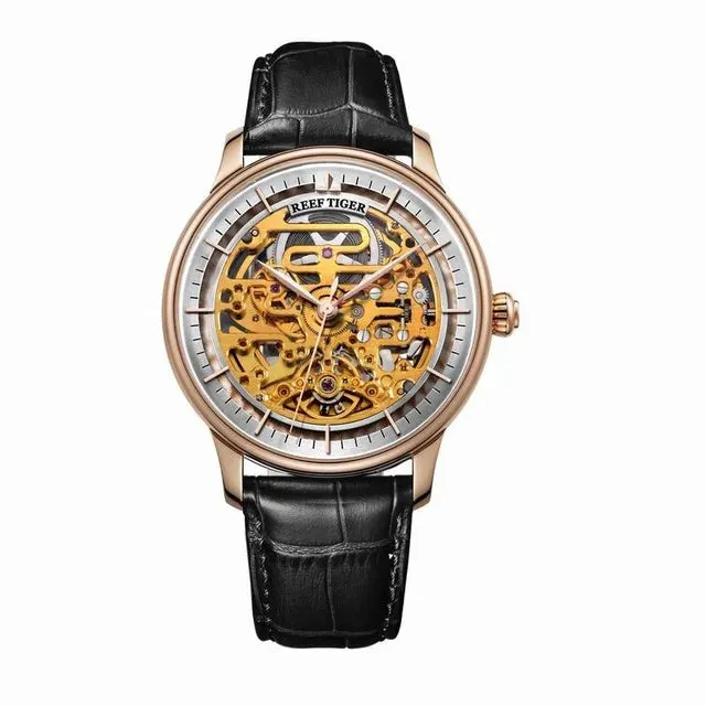 Men's Steel Skeleton Genuine Leather Strap Automatic Mechanical Watch