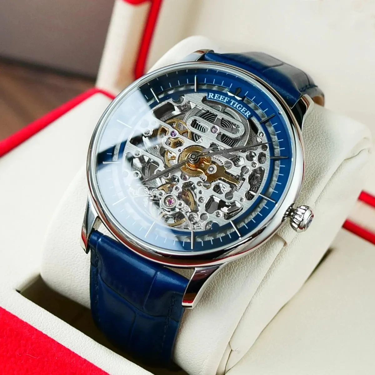 Men's Steel Skeleton Genuine Leather Strap Automatic Mechanical Watch