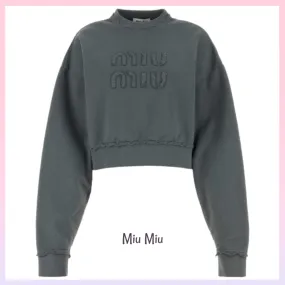 MiuMiu  |Crew Neck Long Sleeves Cotton Logo Hoodies & Sweatshirts