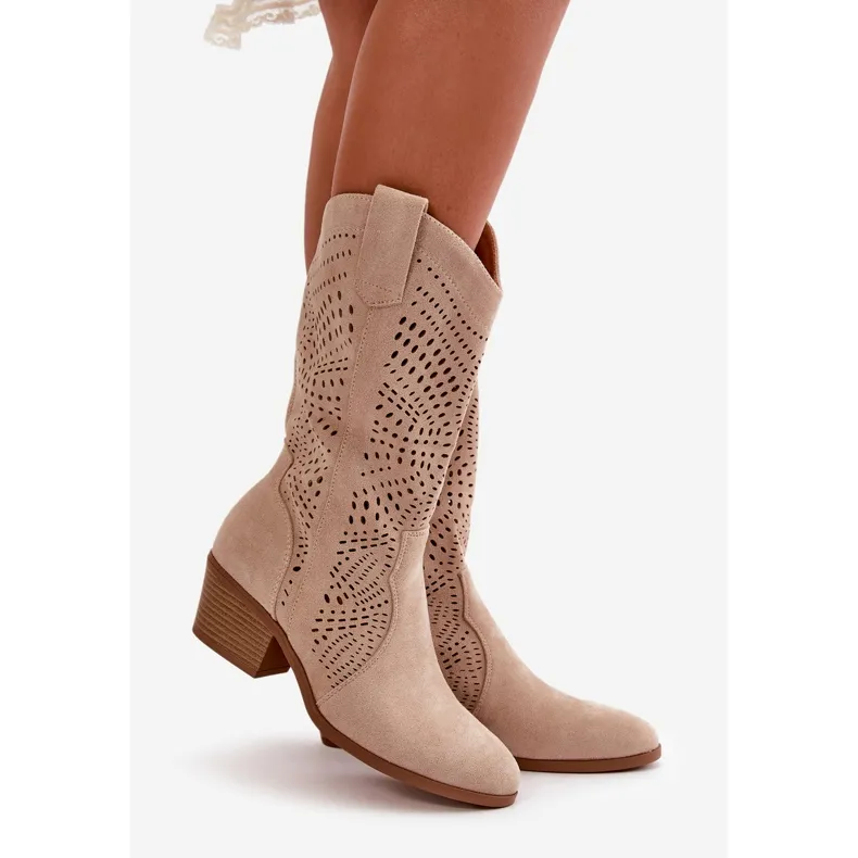 Openwork Women's Ankle Boots Cowboy Boots Heels Beige Iceda