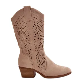 Openwork Women's Ankle Boots Cowboy Boots Heels Beige Iceda