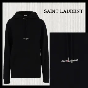 Saint Laurent  |Long Sleeves Plain Cotton Logo Hoodies & Sweatshirts