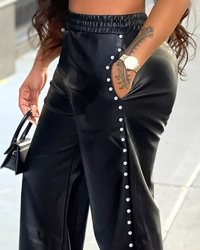 Sexy Studded PU Leather Wide Leg Pants - High-Waisted with Buttoned, Pocket Design