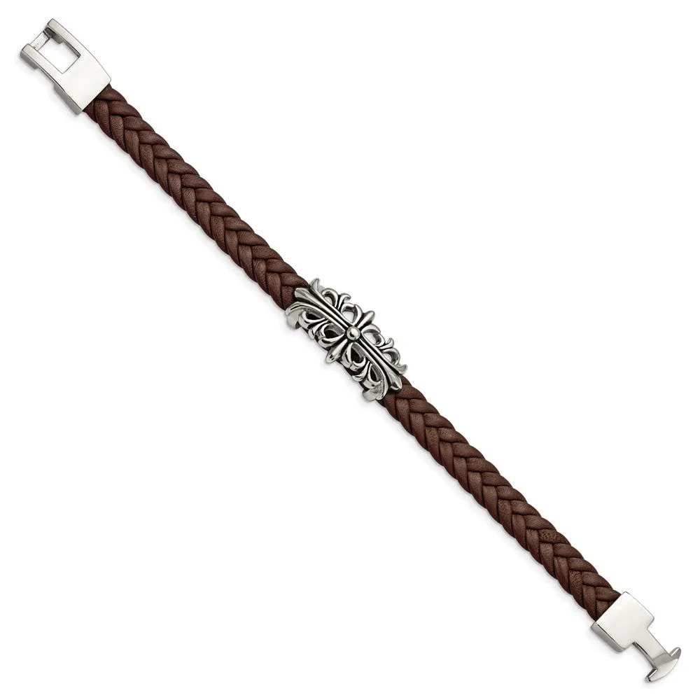 Stainless Steel & Brown Leather Fleur de Lis Cross Bracelet, 8.5 Inch