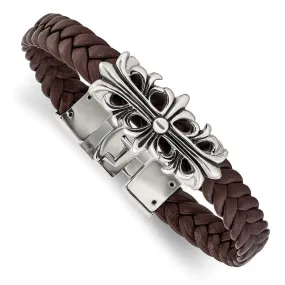 Stainless Steel & Brown Leather Fleur de Lis Cross Bracelet, 8.5 Inch