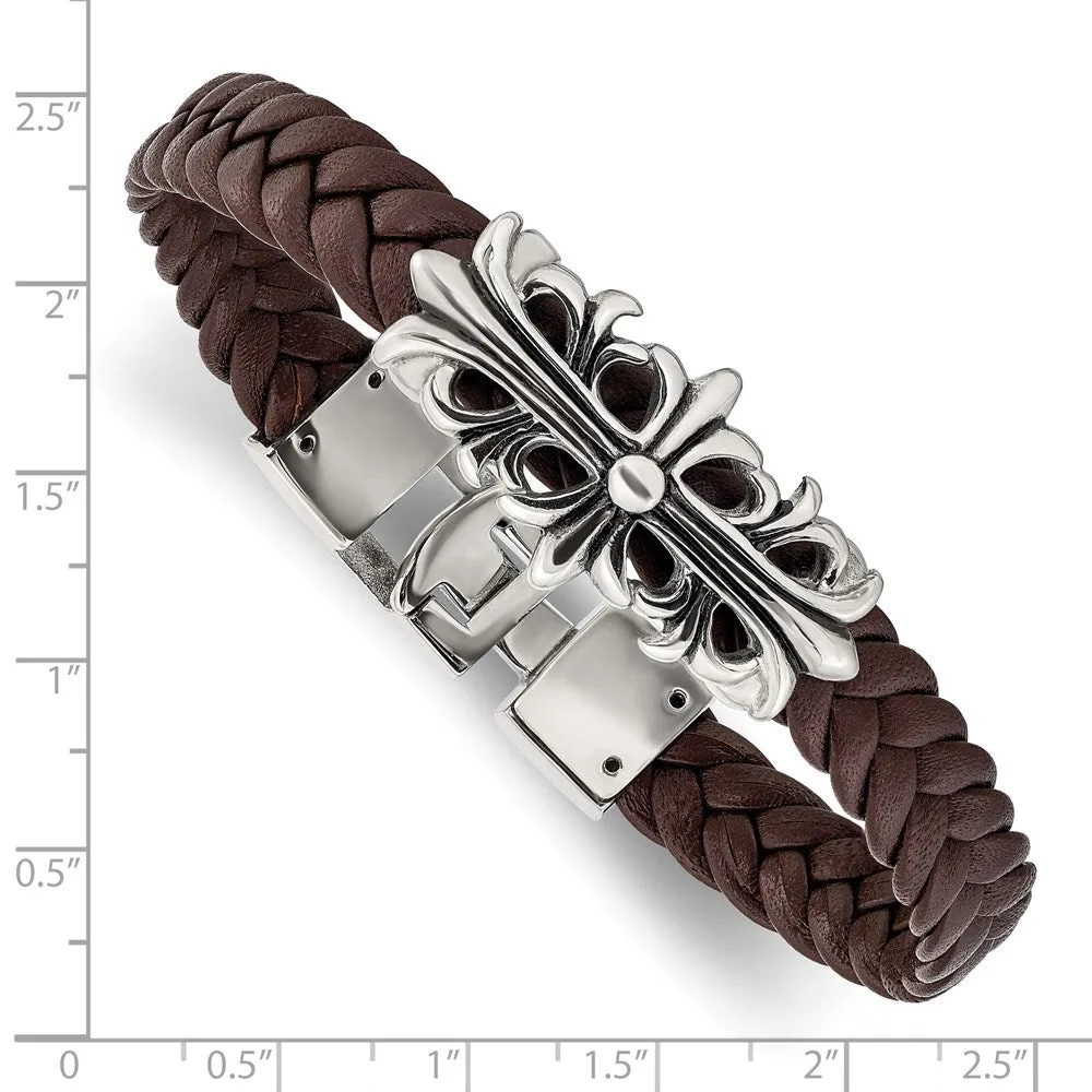 Stainless Steel & Brown Leather Fleur de Lis Cross Bracelet, 8.5 Inch