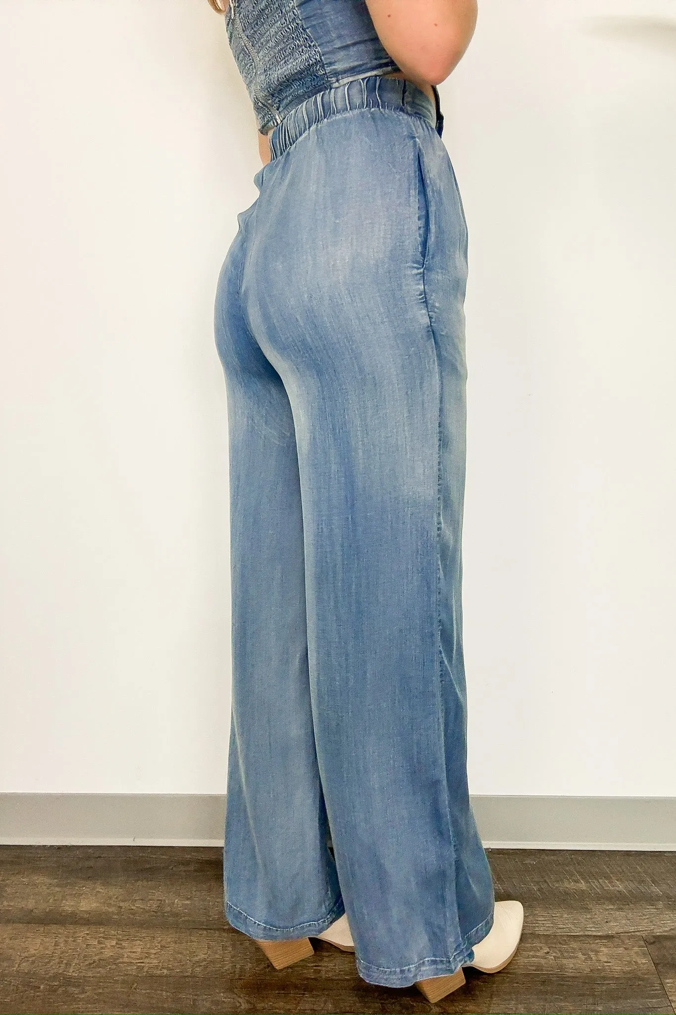 Trendy Bliss Pleated High Waist Chambray Pants