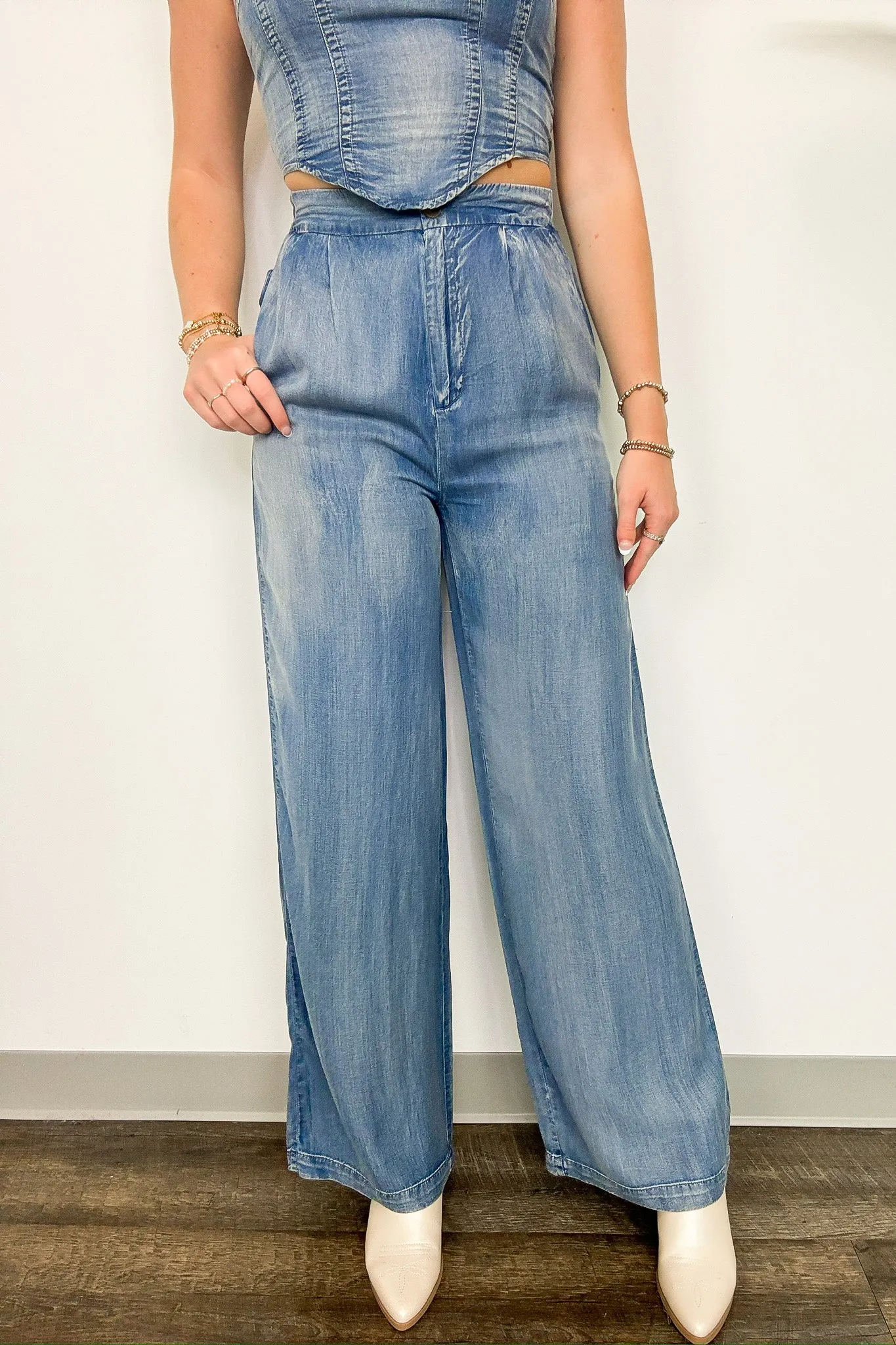 Trendy Bliss Pleated High Waist Chambray Pants