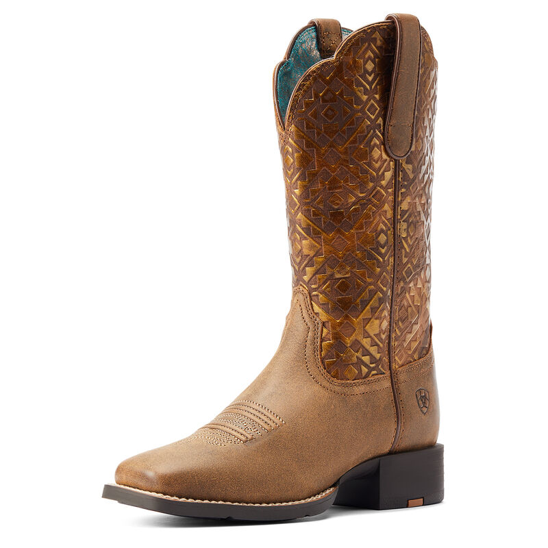 Women's Round Up Wide Square Toe Western Boot in Bare Brown/Copper Aztec