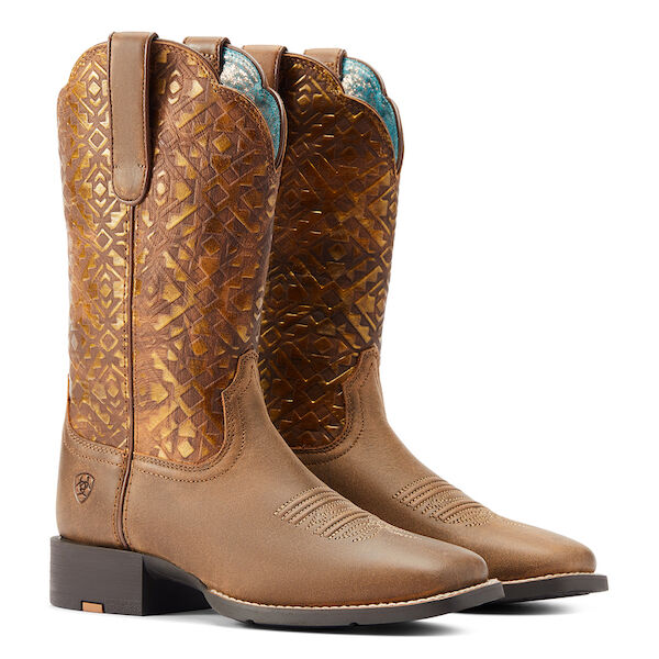 Women's Round Up Wide Square Toe Western Boot in Bare Brown/Copper Aztec