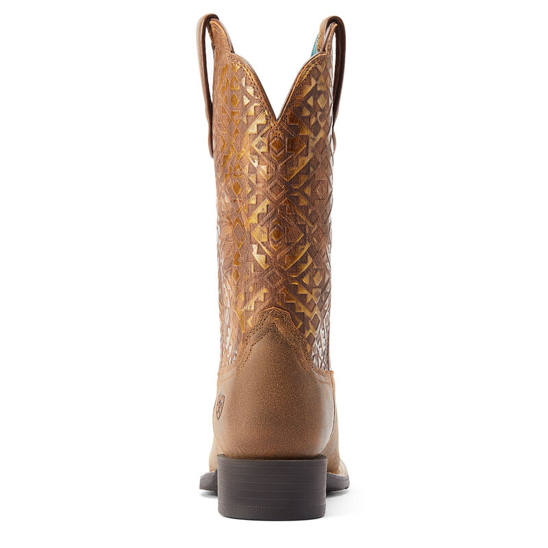 Women's Round Up Wide Square Toe Western Boot in Bare Brown/Copper Aztec