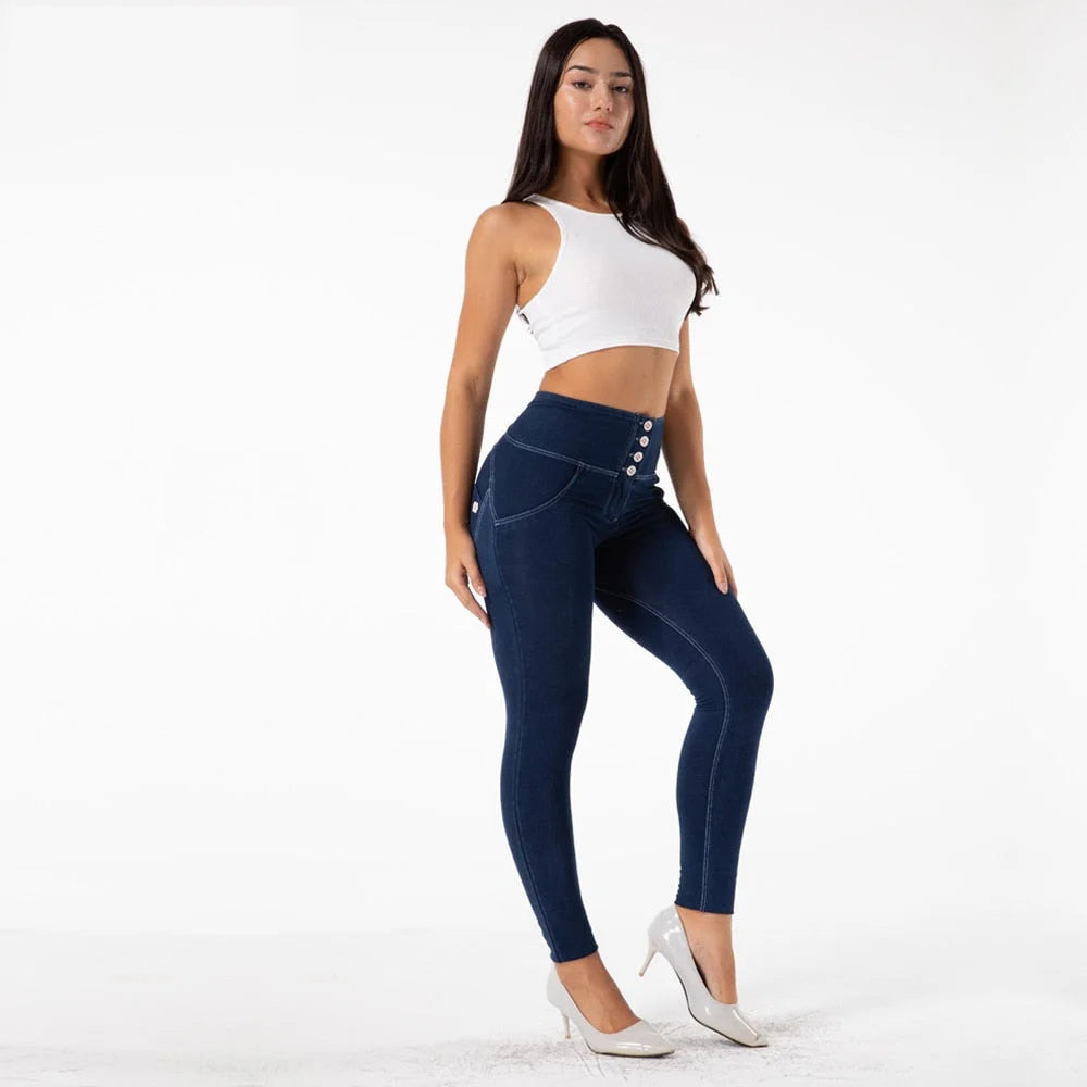 Women's Denim High Waist Stretch Button Push-Up Bum Pencil Leggings