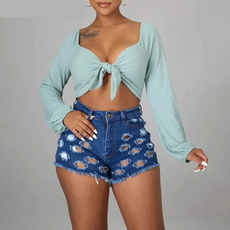 Women's Sexy Distressed Hollow Ripped Low Waist Tight Denim Shorts